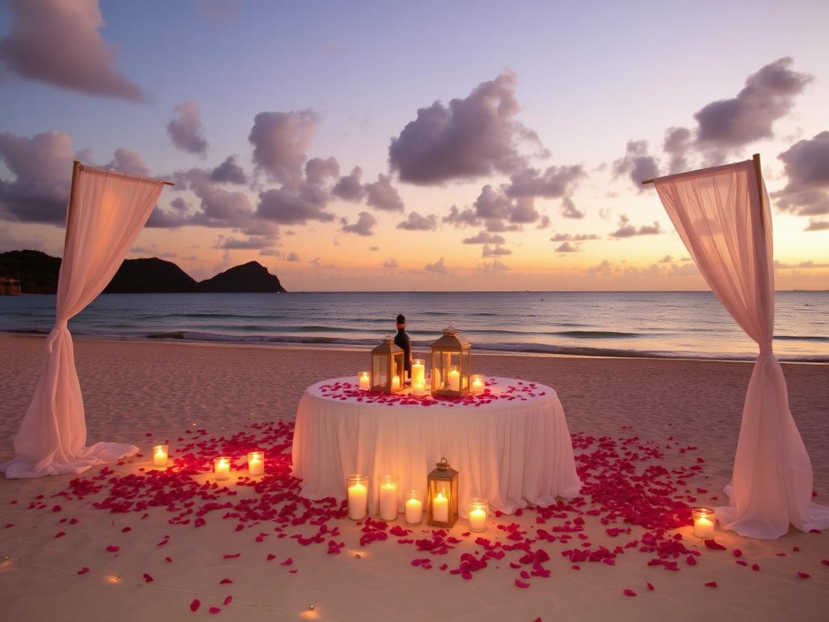 Romantic candlelit setup in Saint Lucia; private dinner is an optional extra